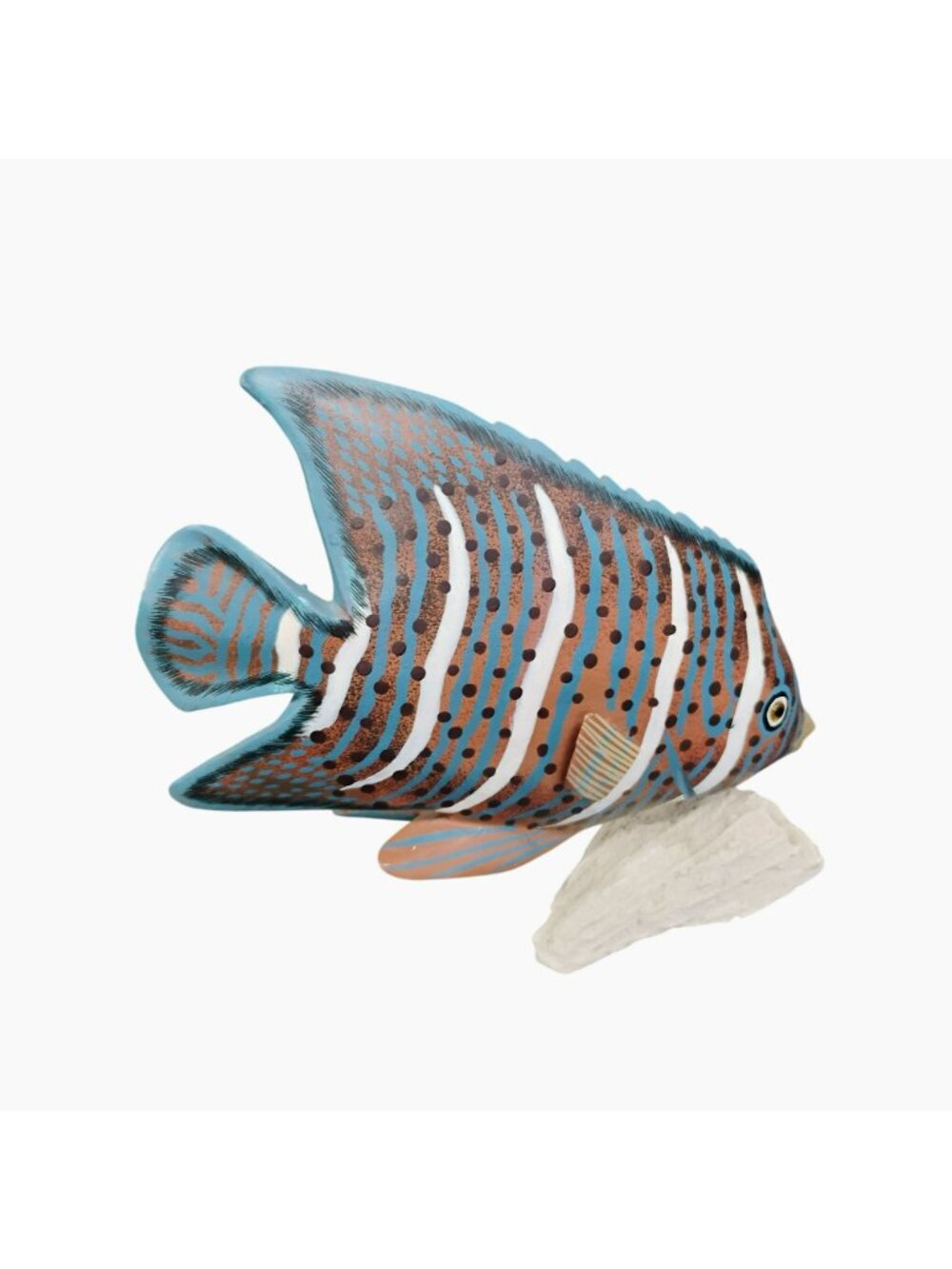 Hand-Painted Wooden Tropical Fish Figurine Blue Orange Stripes On Natural Base - Picture 6 of 6